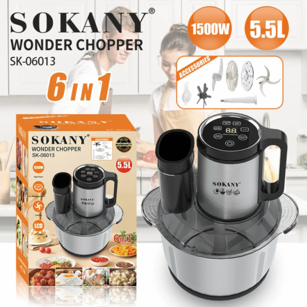 Sokany Digital stainless steel Chopper, 6*1, 5.5 liters, 1500 watts (SK-06013N)