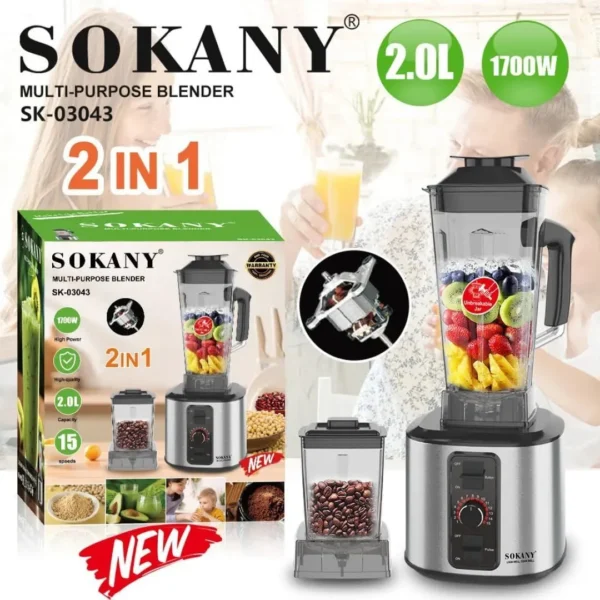 Sokany 2 In 1 Multi Purpose Countertop Blender With Grinder, 2 Liter, , Stainless Steel Black- 1700 Watt- SK-03043