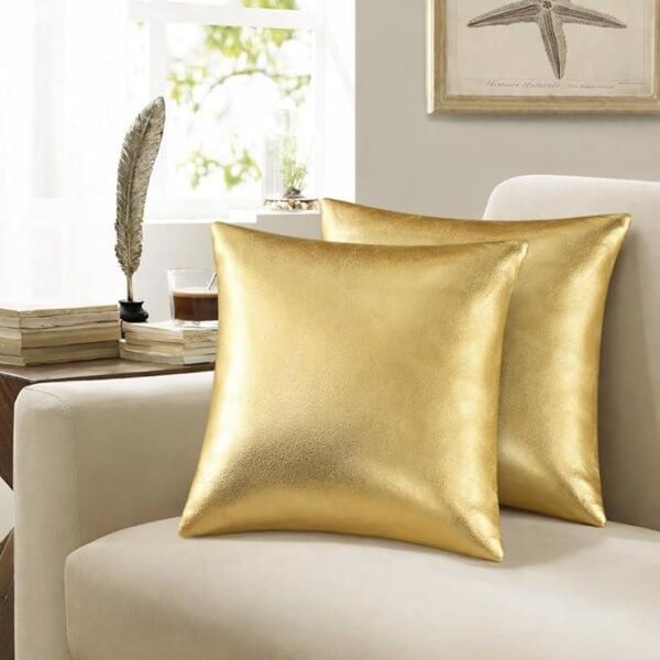 وسادتان دبل فيس ، جلد ذهبي *قماش بيج  –  مقاس 40*40 سم.