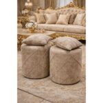 Modern Pouf Set with 2 Decorative Cushions –  Beige Color Scheme