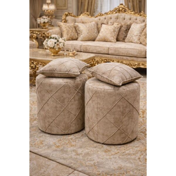 Modern Pouf Set with 2 Decorative Cushions –  Beige Color Scheme