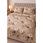 Floral 3-Piece Bed Sheet Set – 220 × 240 cm + Cushions 45 × 160 cm – Beige color-,EL magd
